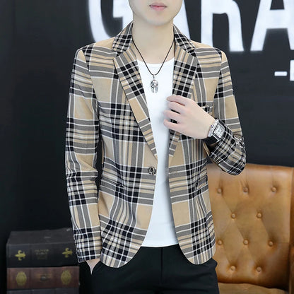 Spring Autumn 2024 Casual Checkered Slim Fit Men's Suit Jacket Korean Style Fashion Handsome Young Men's Clothing