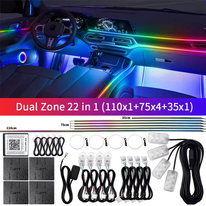 18 in 1 Dual Zone Symphony Streamer Car Ambient Light RGB 64 Colors Interior Rainbow Acrylic Strip Atmosphere Lighting kit App