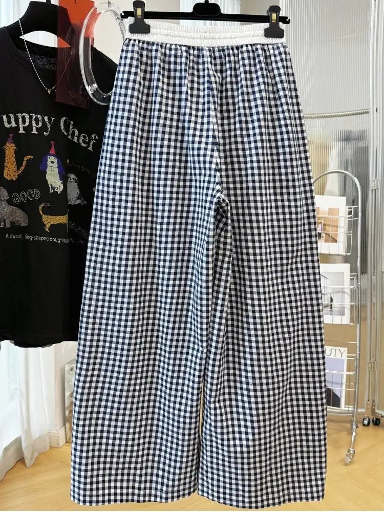 Retro Plaid Wide Leg Straight Pants Women Summer Thin Loose Casual Trousers 2026 Hot Fashion Youthful All-match Daily Pants