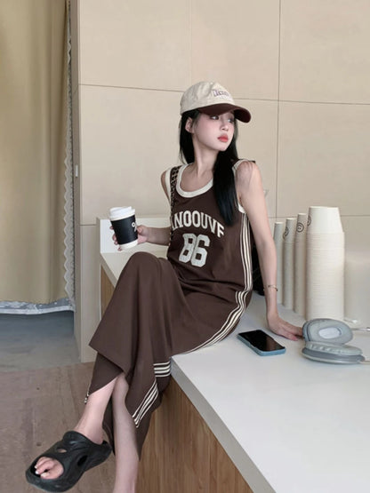 plus Size Casual Korean Style Letter Print Sleeveless Dress Women's Summer Loose Meat Concealing Long Dress Straight Cut High...