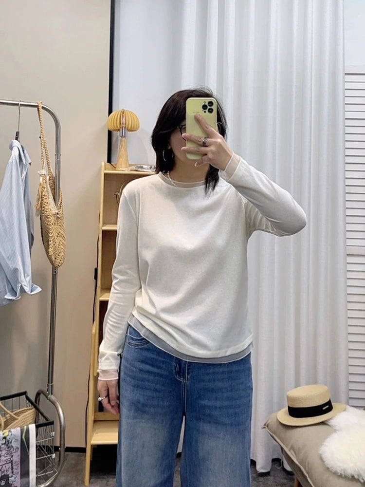Spring New plus Size round Neck Mesh Splice Loose Long Sleeve Base Shirt Women Fat MM Slimming Belly Cover Simple T-shirt
