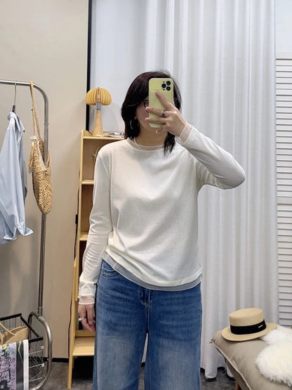 Spring New plus Size round Neck Mesh Splice Loose Long Sleeve Base Shirt Women Fat MM Slimming Belly Cover Simple T-shirt