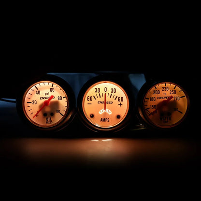 2" 52mm Chrome Panel Oil Pressure Water Temp Amps Triple Gauge Set Black white Face Volt meter