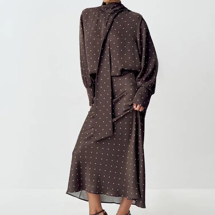 Two Piece Skirt Set Printed Polka Dot Satin Skirt Set Women's Long Sleeved Lace Up Shirt+high WAIST Midi Skirt Set