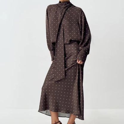 Two Piece Skirt Set Printed Polka Dot Satin Skirt Set Women's Long Sleeved Lace Up Shirt+high WAIST Midi Skirt Set