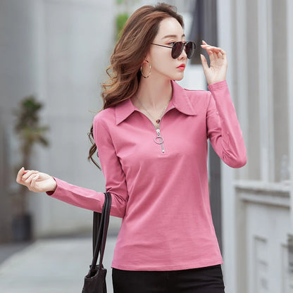 Korean Style cotton polo shirts women fashion long sleeve candy color zipper turn down neck polo t shirt for women 2025