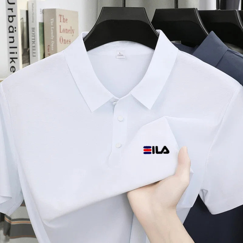 High end ice silk short sleeved men's polo shirt brand printed top summer new comfortable and breathable business casual T-shirt