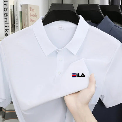 High end ice silk short sleeved men's polo shirt brand printed top summer new comfortable and breathable business casual T-shirt