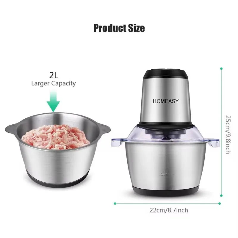2L Domestic Meat Mincer Electric Fully Automatic, Stainless Steel, Multi-Functional Kitchen Appliance with Anti-Overflow Feature