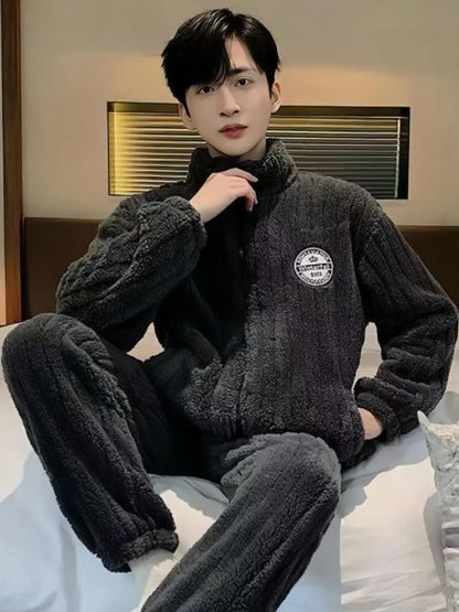 2026 New Coral Fleece Sleepwear Men's Fashionable Warm Flannel Spring Autumn Winter Thickened Outdoor Wear Home Clothes