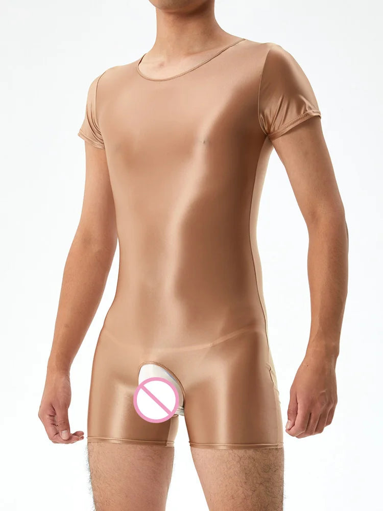 Men's Crotchless Bodysuit Stain Oil Shiny Tights Sheer See Through Yoga Shaping Leotard Elastic Sexy Exotic Tops Candy Color