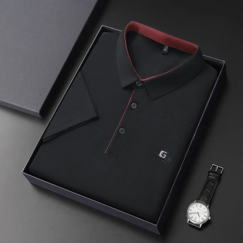 Men's Business Ice Silk Work Shirts Summer Badge Solid Color Polo Shirt Office Wear Man Breathable Comfortable Versatile Tops