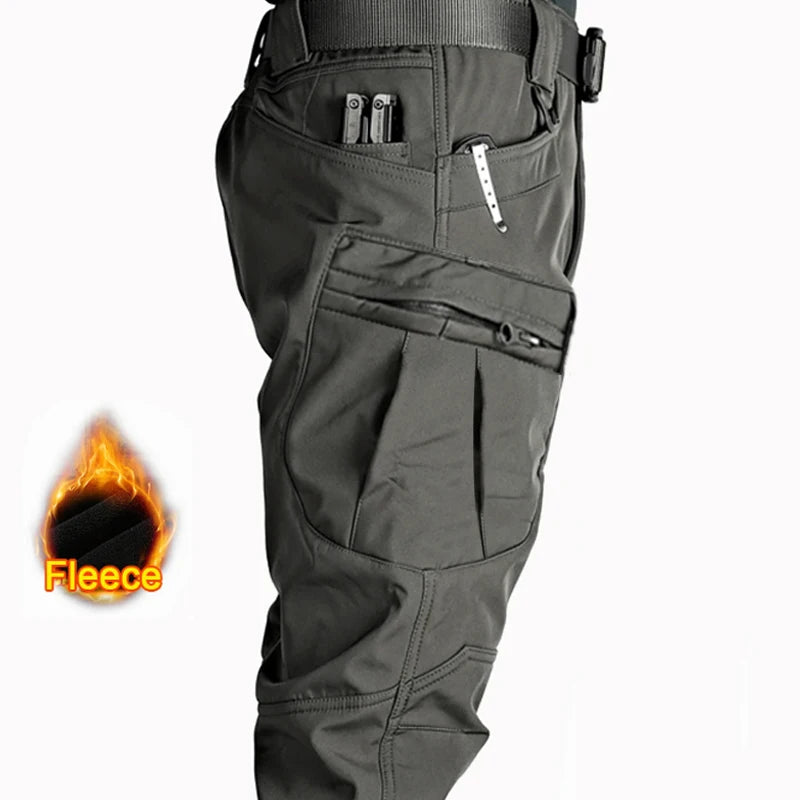 Men's Tactical Softshell Pants Fleece Autumn Winter Cargo Trousers Military Combat Hiking Camping Climbing Casual Sportswear