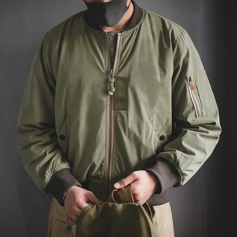 Maden Retro MA1 Bomber Jacket Thickened Splicing Baseball Flight Coat with Inner Pocket for Men's Winter Cotton Padded Jacket