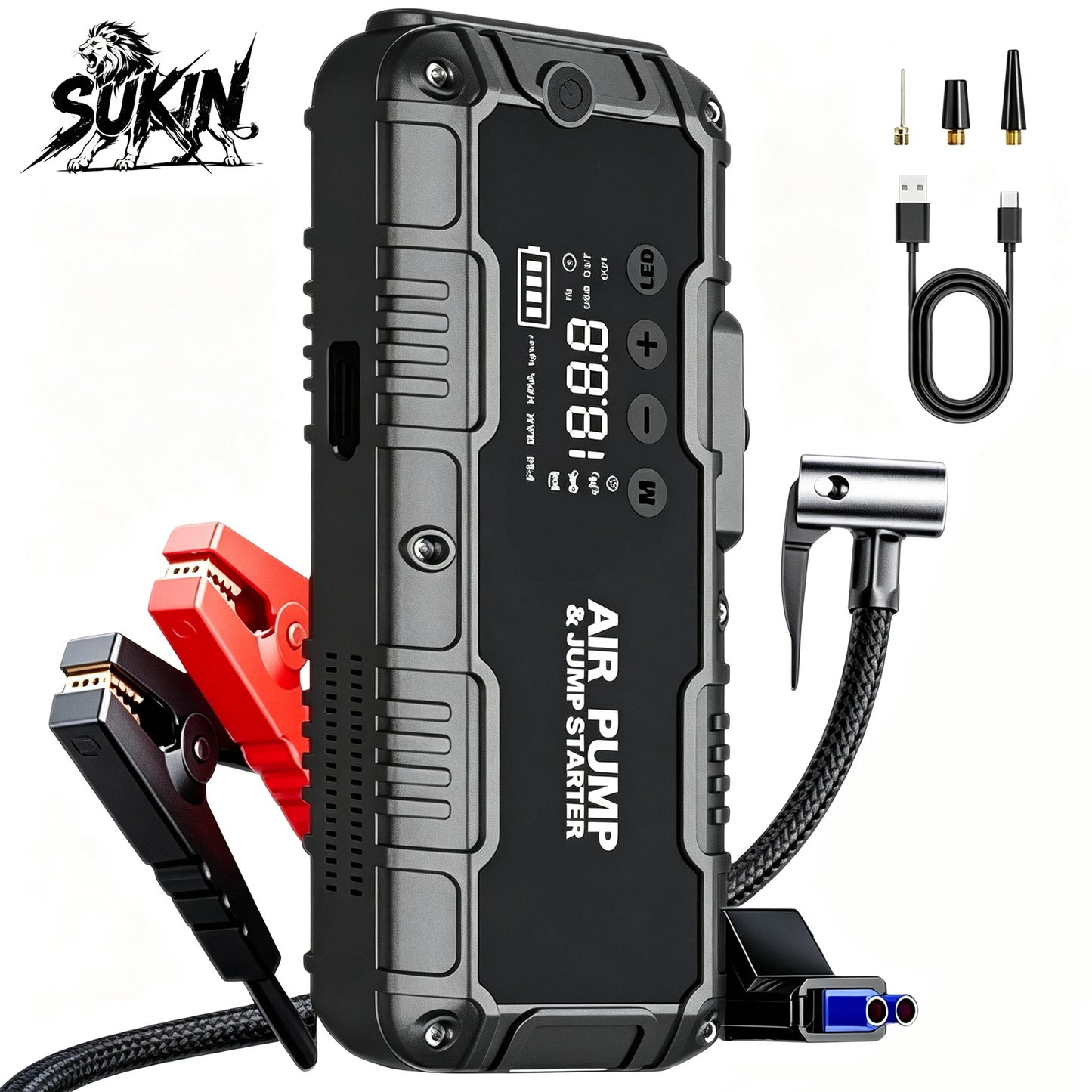 SUKIN 4IN1 Multifunction Car Jump Starter Power Bank With Tire Inflator Flashlight Charger Functions 12V Booster Starting Device