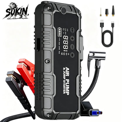 SUKIN 4IN1 Multifunction Car Jump Starter Power Bank With Tire Inflator Flashlight Charger Functions 12V Booster Starting Device