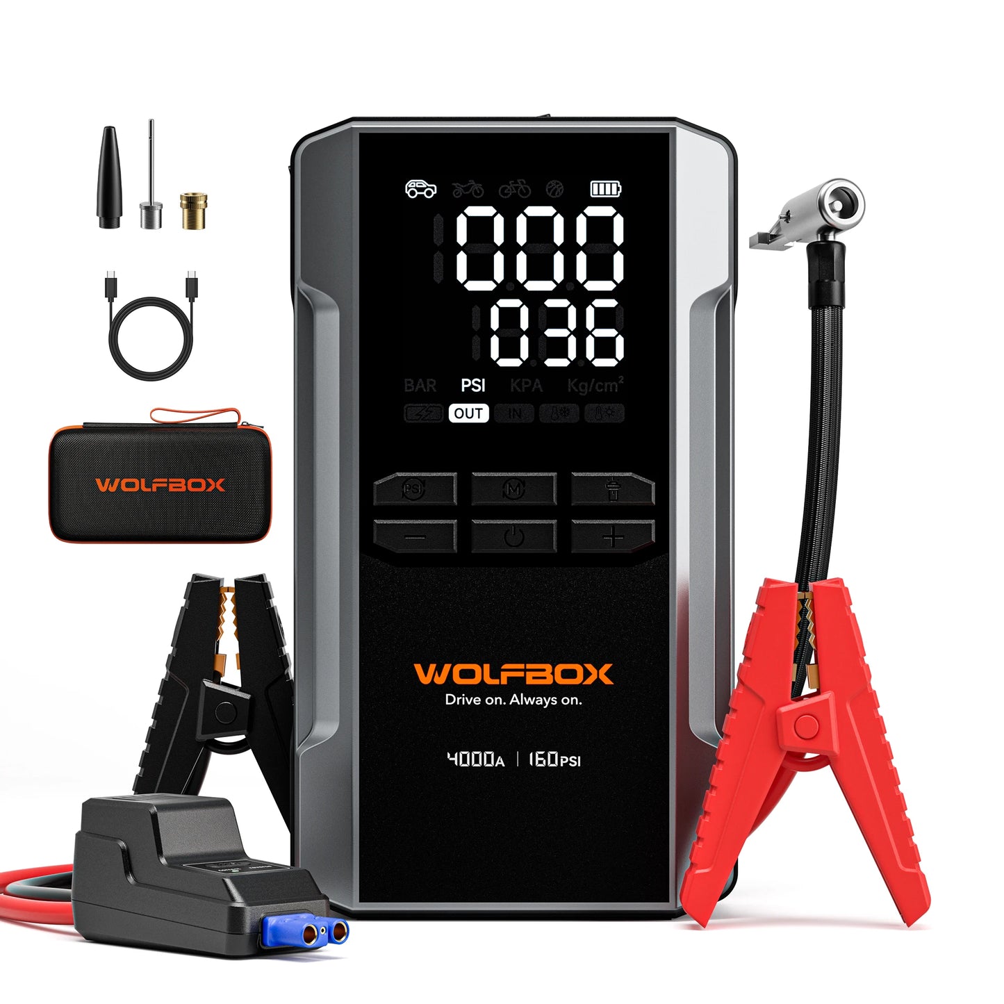WOLFBOX 4000A Jump Starter with 160PSI Air Compressor, 12V Car Battery Booster, 65W Fast Charge, 24000mAh Portable Tire Inflator