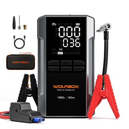 WOLFBOX 4000A Jump Starter with 160PSI Air Compressor, 12V Car Battery Booster, 65W Fast Charge, 24000mAh Portable Tire Inflator