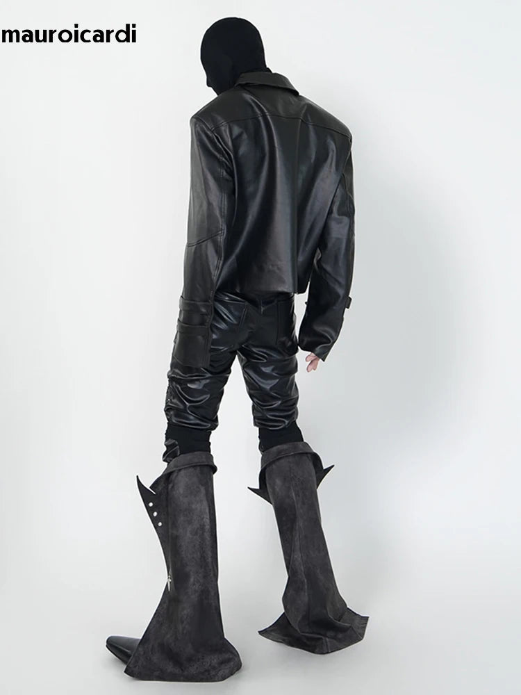Mauroicardi Spring Skinny Black Pu Leather Motorcycle Pencil Pants for Men with Detachable Leg Covers Alternative Punk Clothes