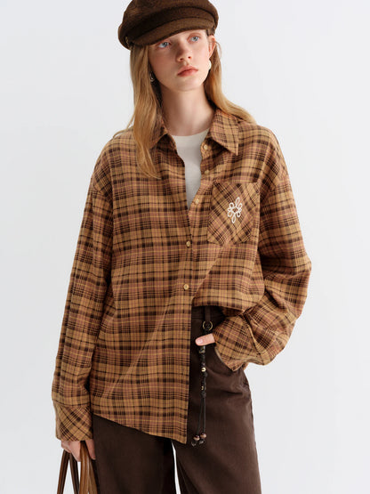 FSLE Brushed Plaid Shirt Women's Winter 2025 New Long Sleeve Plaid Retro Embroidery Shirt Classic Leisure Loose Tops
