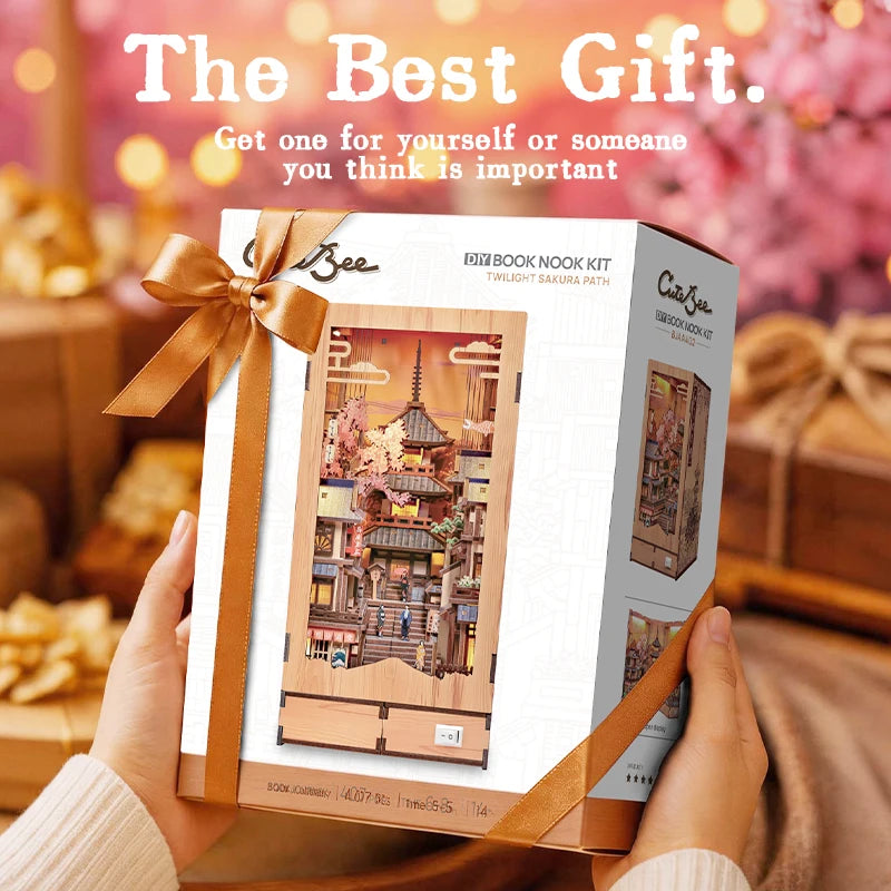 CUTEBEE DIY Book Nook Kit Japanese Sakura 3D Puzzle Dollhouse for Bookshelf Unique Craft Gift for Book Lover Christmas Miniature