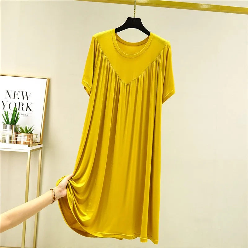 Loose plus Size Sp Dr Modal Women's Summer Thin Home Gown Skirt Sle round Ne ort Sve Long Dr Korean Sle