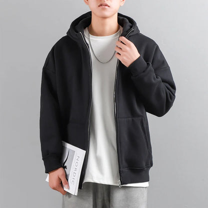 Dukeen Winter Hoodies for Men with Fleece Thicken Warm Zip-Up Hooded Shirt Casual Solid Color Woman Clothing White Black Coat