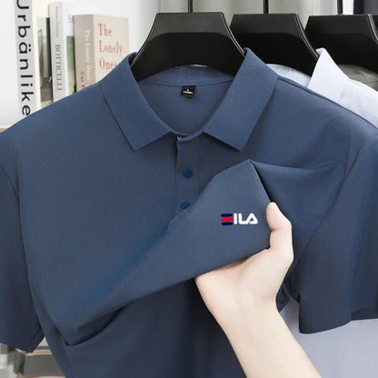High end ice silk short sleeved men's polo shirt brand printed top summer new comfortable and breathable business casual T-shirt