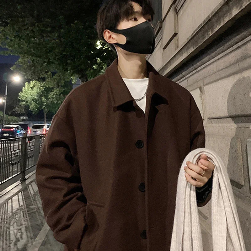 TFETTERS Brand Long Coat Man 2026 New Autumn Winter Turn Down Collar Solid Color Woollen Overcoat Mens Korean Fashion Streetwear