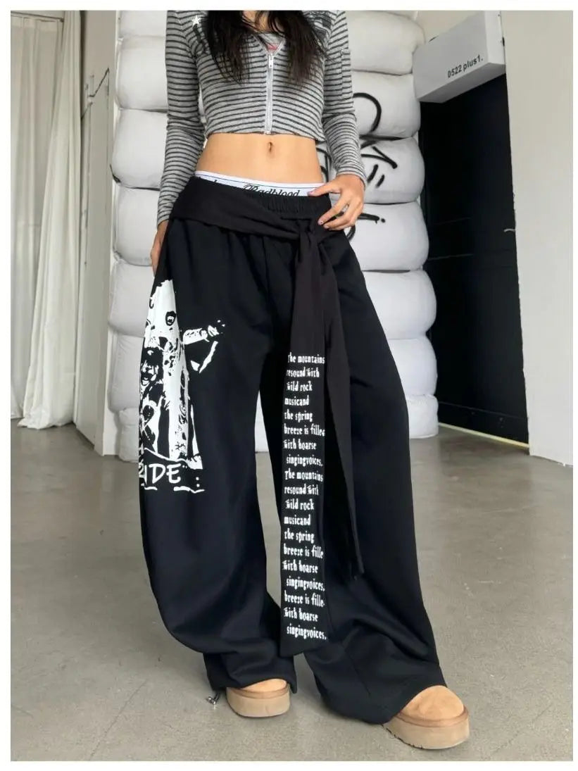Retro American Hot Girl Hip Hop Jazz Street Dance Letter Print Belted Design Sweatpants Loose Wide Leg Casual Trousers