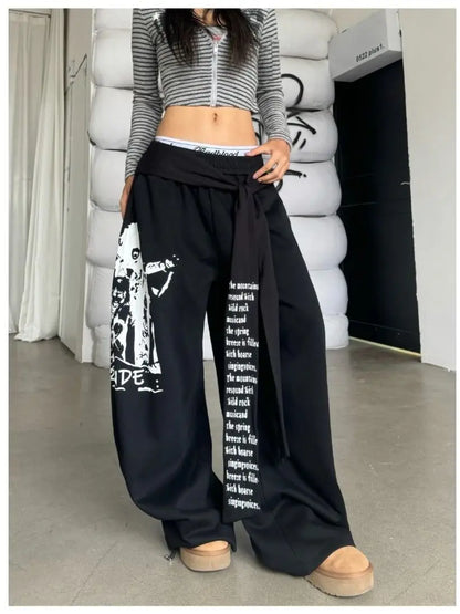 Retro American Hot Girl Hip Hop Jazz Street Dance Letter Print Belted Design Sweatpants Loose Wide Leg Casual Trousers