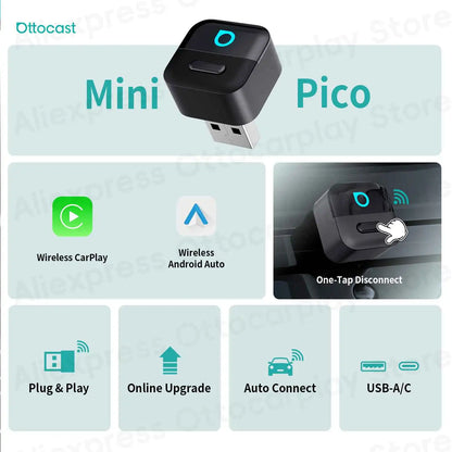 Ottocast Mini Pico Wireless CarPlay Android Auto Adapter Cube Dongle Bluetooth Car Accessories for VW MG Kia Toyota Hyundai Audi