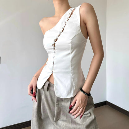Cryptographic Elegant Asymmetrical Top with Hook and Eye Fashion Sexy Cut Out Backless Split Tops Slim Vest Summer Clothes