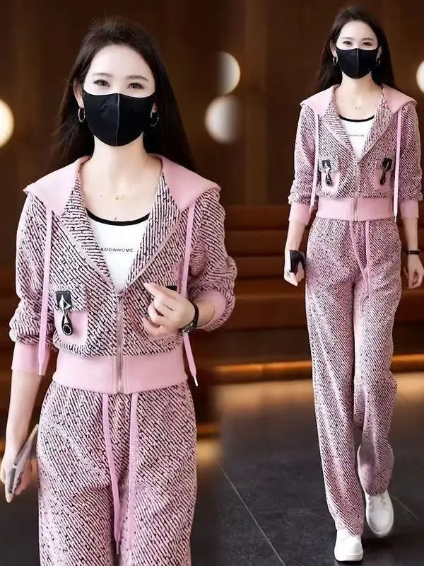 Brand Women's Autumn Sweater Jacket Wide Leg Pants Two-Piece Set Korean Style Loose Fit Long Sleeve Zipper Closure Fashion En...