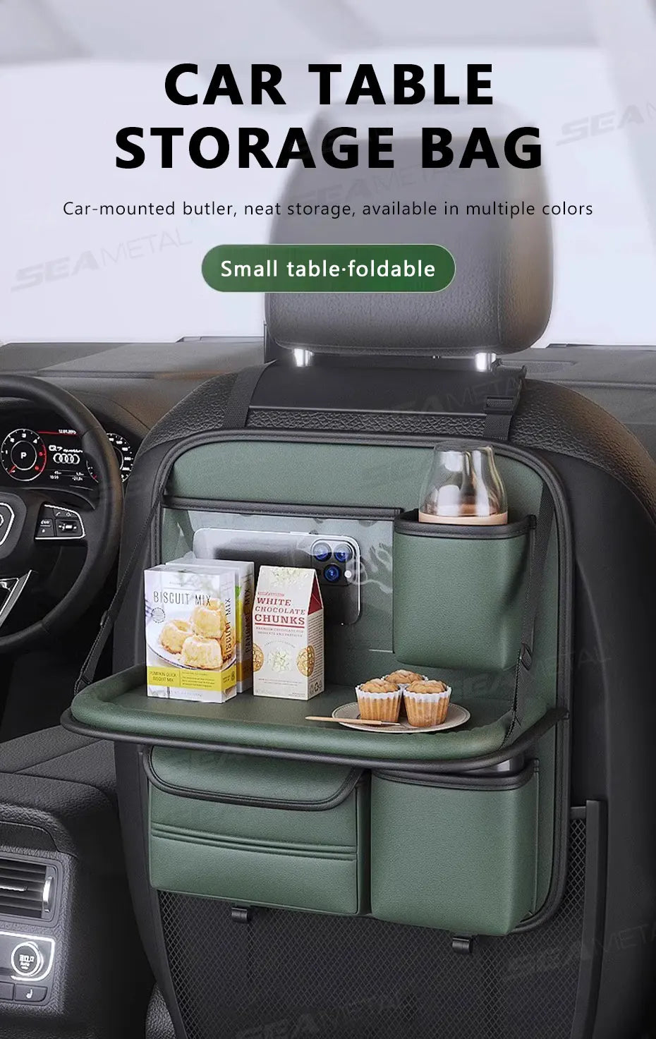 SEAMETAL Car Backseat Table Storage Bag Folding Table Trash Can Pu Leather Multi-functional Hanging Storage Bags Seat Back Tray