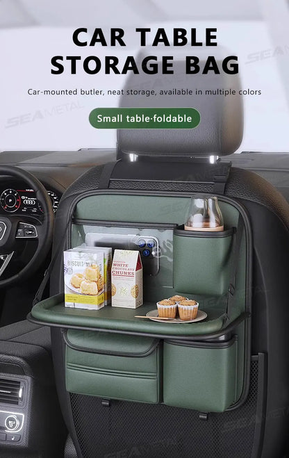SEAMETAL Car Backseat Table Storage Bag Folding Table Trash Can Pu Leather Multi-functional Hanging Storage Bags Seat Back Tray