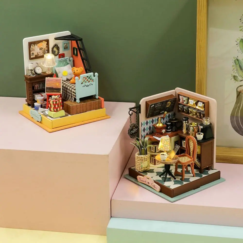 Handmade Coffee Shop Dollhouse Kit Wooden Material Assembly Required Wooden Assembly Mini Size 3D Design DIY 3D Puzzle