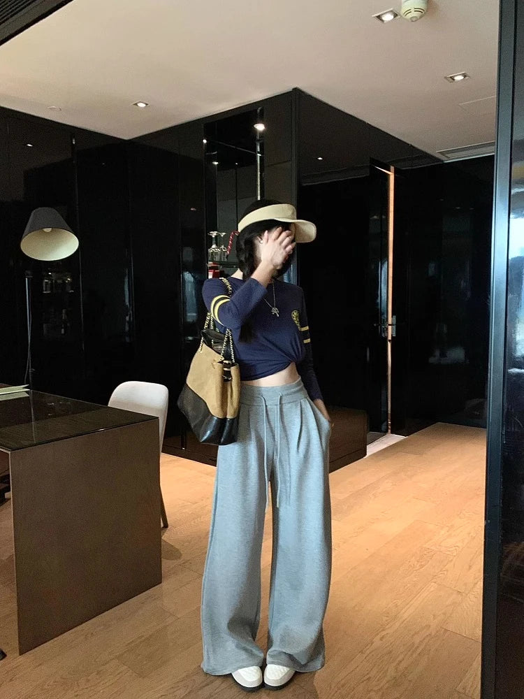 High Waist Wide Leg Sport Pants Women Loose Lazy Style Spring Autumn Casual Straight Long Trousers Comfortable High Waist