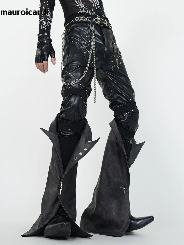 Mauroicardi Spring Skinny Black Pu Leather Motorcycle Pencil Pants for Men with Detachable Leg Covers Alternative Punk Clothes