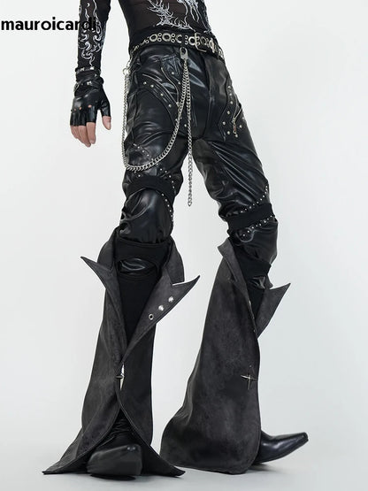 Mauroicardi Spring Skinny Black Pu Leather Motorcycle Pencil Pants for Men with Detachable Leg Covers Alternative Punk Clothes