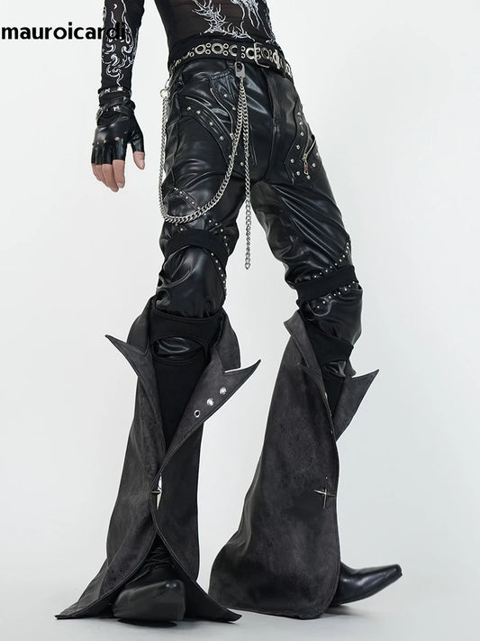 Mauroicardi Spring Skinny Black Pu Leather Motorcycle Pencil Pants for Men with Detachable Leg Covers Alternative Punk Clothes