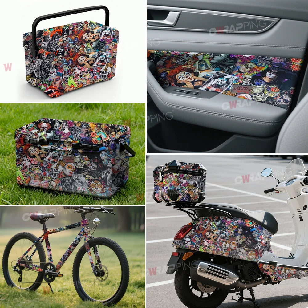 Motorcycle Adhesive Vinyl Car Wrap Hallowmas Wrapping Tools Retro Graffiti Skateboard Decoration Vinyl Paper for Car Body Films