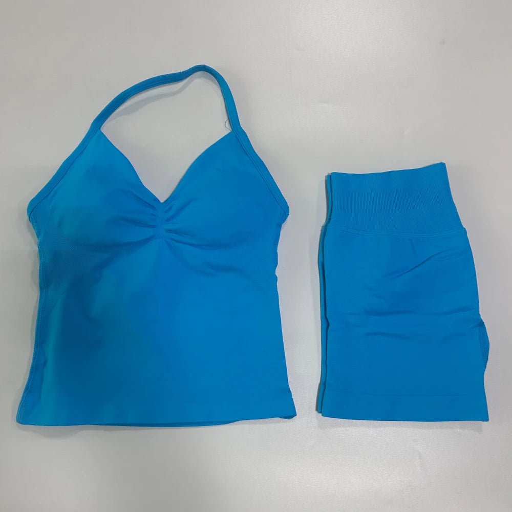 2 Pieces Sports Set Women Backless Tank Yoga Tops High Waist Scrunch Seamless Shorts Sport Gym Set Sportswear Workout Set