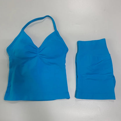 2 Pieces Sports Set Women Backless Tank Yoga Tops High Waist Scrunch Seamless Shorts Sport Gym Set Sportswear Workout Set