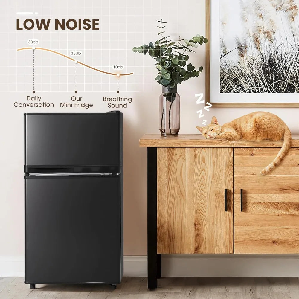 3.6 Cu.Ft Mini Fridge with Freezer, 2-Door Compact Refrigerator with Adjustable Thermostat, Quiet for Bedroom, Dorm & Office