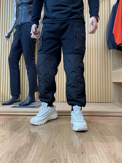 Thickened Outdoor Casual Workwear Cotton Pants for Men Winter Warm Anti-Cold Patchwork Design Straight Leg Long Trousers