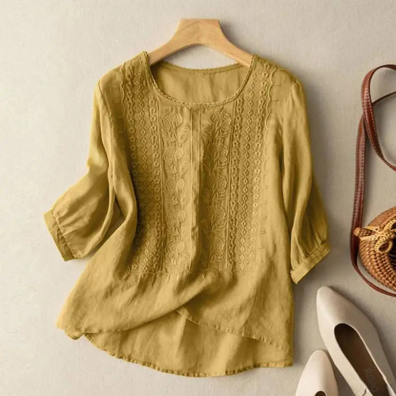 ZANZEA Elegant Women Embroidered Blouses Autumn 2024 3/4 Puff Sleeve Transparent Blusas Mujer Casual Vintage Cotton Shirts Tops