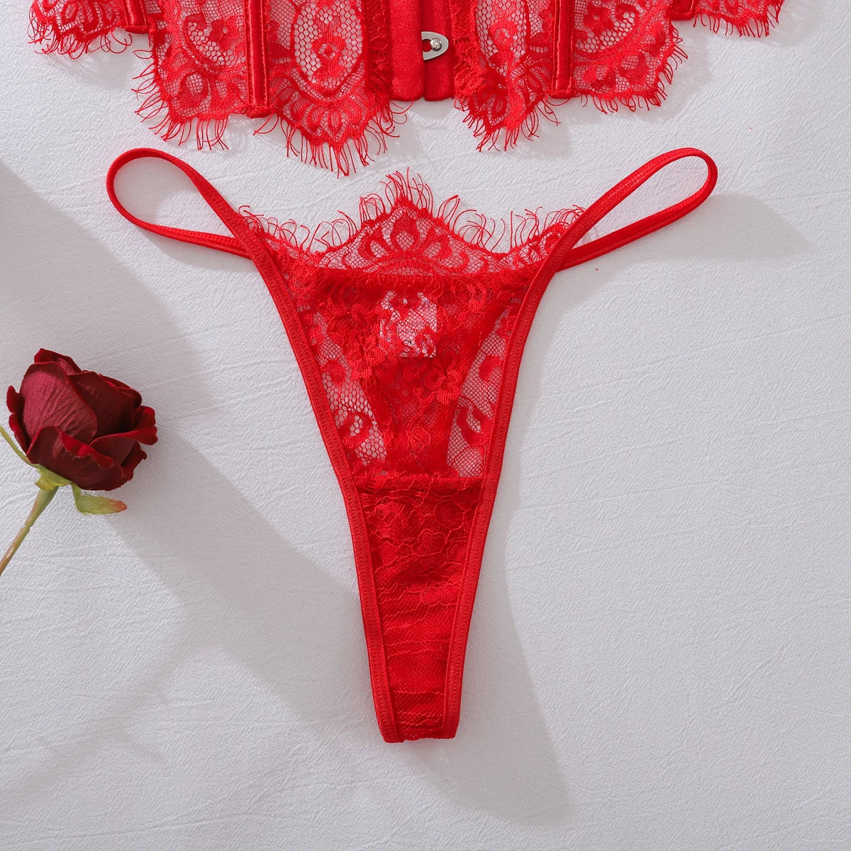 2025 Women's Eyelash Lace Perspective Low cut Fishbone Body Shaping and Slimming Sexy Underwear Two Piece Set