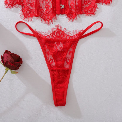 2025 Women's Eyelash Lace Perspective Low cut Fishbone Body Shaping and Slimming Sexy Underwear Two Piece Set