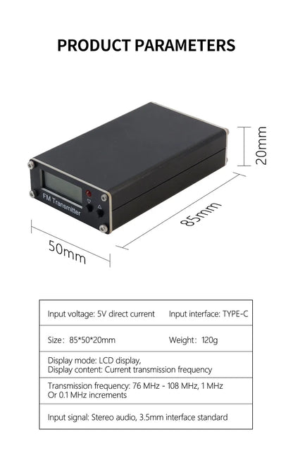 0.5W FM Transmitter 76-108MHz 2KM Range LCD Stereo, 3.5mm AUX USB-C Wireless Audio Broadcast For Car & Church